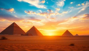 Pyraminds standing majestically at sunset, showcasing their ancient beauty against a vibrant sky.