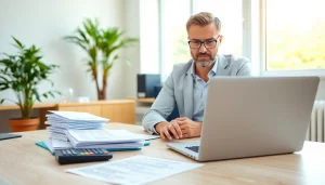 Prepare for the tax season with an organized workspace featuring a tax advisor at a desk.