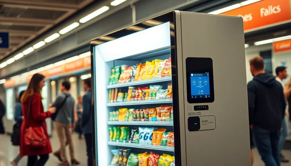Mini vending machine displaying a variety of snacks in a busy subway station.