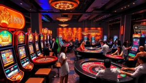 Casino players enjoying games at https://rr88.navy/, showcasing vibrant slot machines and roulette.