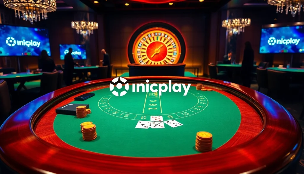 Experience Onicplay's dazzling casino atmosphere with a luxurious blackjack table and vibrant roulette wheel.