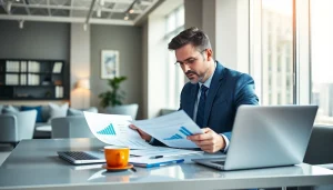 Menilai opsi investasi deposit 1k dengan grafik di atas meja di ruang kantor yang terang.