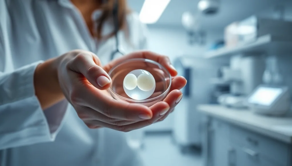 Fecondazione: mani tengono un ovulo in un contesto di laboratorio medico.