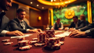 An intense poker game at a high-stakes table, highlighting the excitement of gambling at https://mm88.co.in/ with gleaming chips and cards.