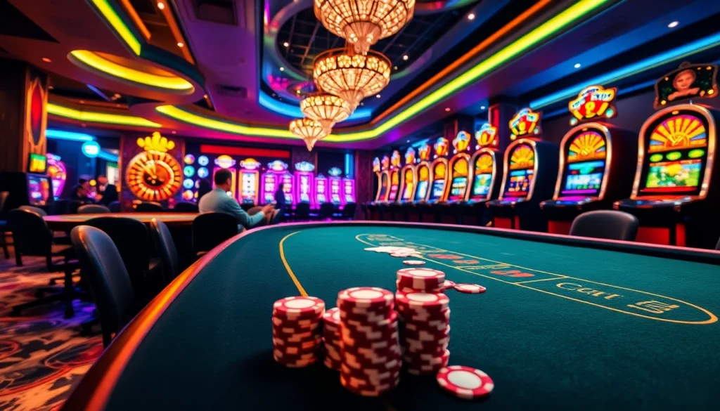 Experience the thrilling atmosphere at i9bet's luxurious casino with engaging poker games and vibrant slot machines.