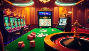 Experience the thrill of winning at Mahjong Ways 2 with vibrant casino elements like slot machines and poker tables.