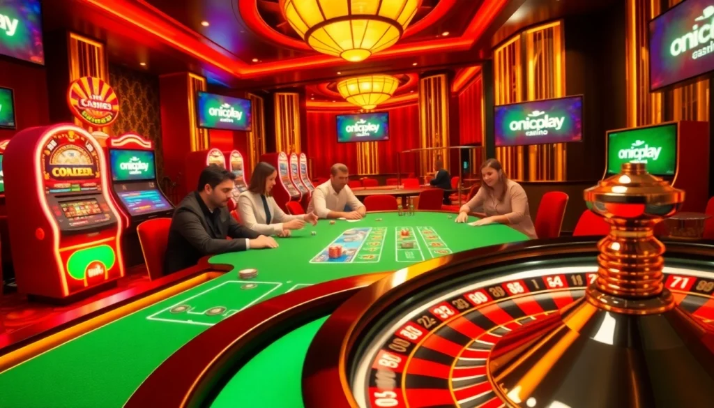 Engage in exhilarating gameplay with onicplay at a vibrant casino featuring poker tables and slot machines.