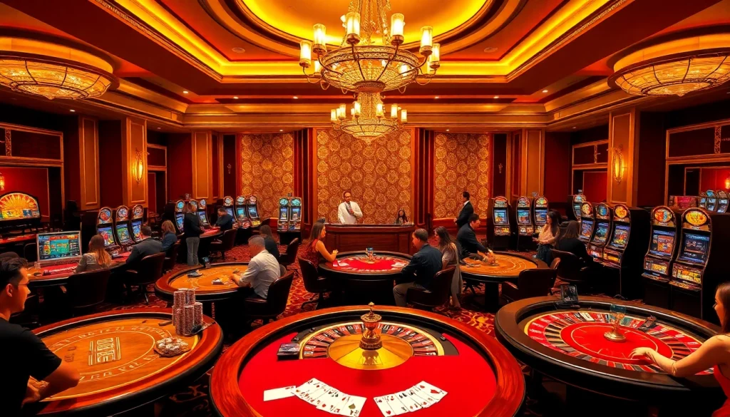 People enjoying casino games at https://www.bdtk66.one/, surrounded by slot machines and vibrant poker chips.