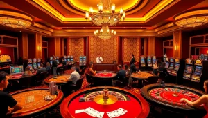 People enjoying casino games at https://www.bdtk66.one/, surrounded by slot machines and vibrant poker chips.