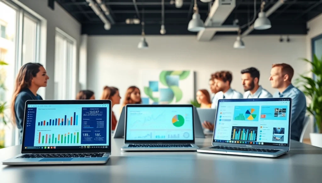 Collaborative workspace showcasing 1cplatform interface on vibrant screens of laptops.