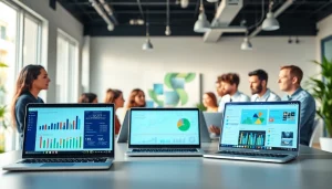 Collaborative workspace showcasing 1cplatform interface on vibrant screens of laptops.