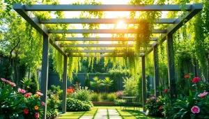 Enjoying the shade of a modern steel pergola surrounded by lush garden blooms.