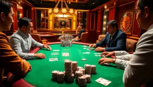 Experience the excitement of MM88 with players at a high-stakes poker table, surrounded by luxury and opportunity.