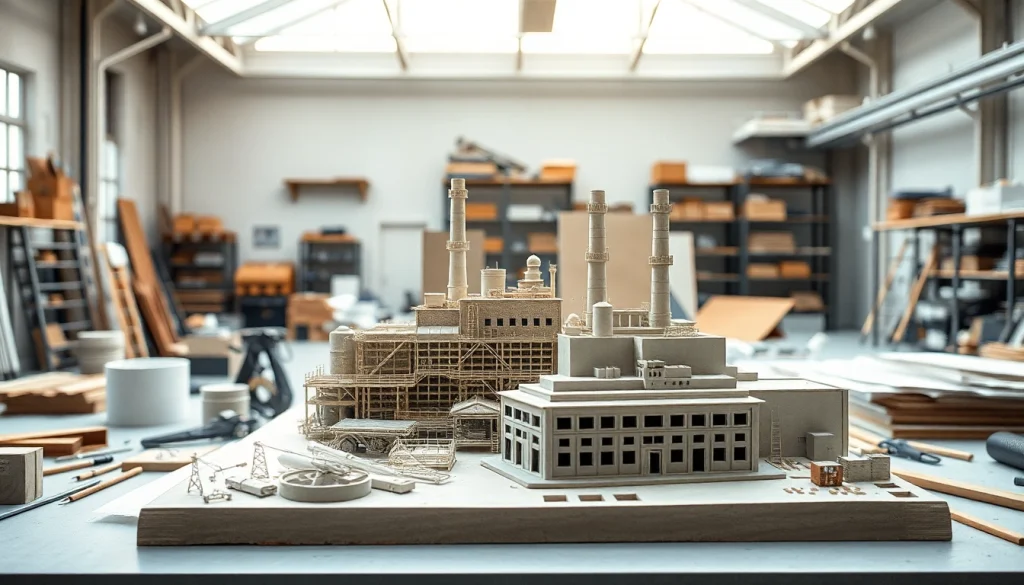 Das Industriemodellbau zeigt präzise Details eines Fabrikmodells in einem hellen Atelier.