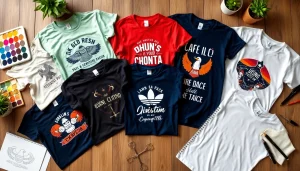 Individualiai atspausdinti marškinėliai (Marškinėliai su spauda) išdėstyti kūrybingai ant medinio fono, demonstruojant ryškius dizainus.