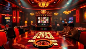 Experience mahjong ways 2 with an exciting casino scene featuring a mahjong table and vibrant slot machines.