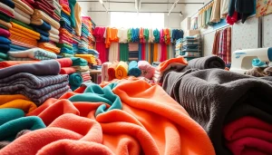 Fleece stof kopen met diverse kleuren en texturen in een levendige stoffenmarkt.