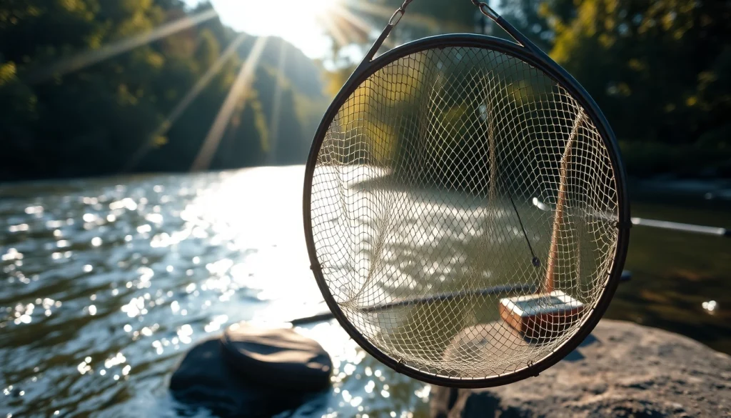 Angler's hand showcasing a fly fishing net above a serene river scene.