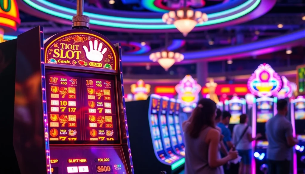 Pengalaman slot depo 1k di kasino dengan mesin slot yang berwarna-warni dan pemain yang terlibat.