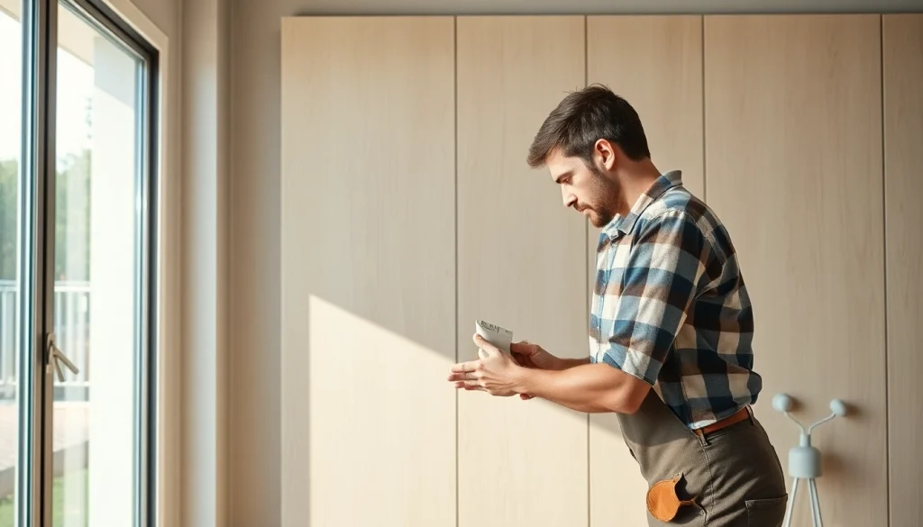 Installing wall boards in a bright room, showcasing craftsmanship and quality materials.
