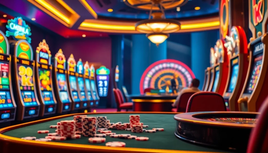 Adegan permainan slot pulsa yang seru dengan mesin slot berwarna-warni dan chip poker berwarna-warni.