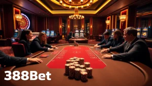 Experience a thrilling poker game at 388bet with luxurious casino atmosphere and high-stakes action.
