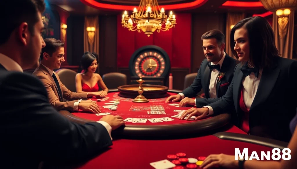 Man88 players engaging in high-stakes poker with vibrant chips and cards.