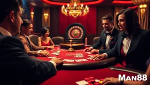 Man88 players engaging in high-stakes poker with vibrant chips and cards.