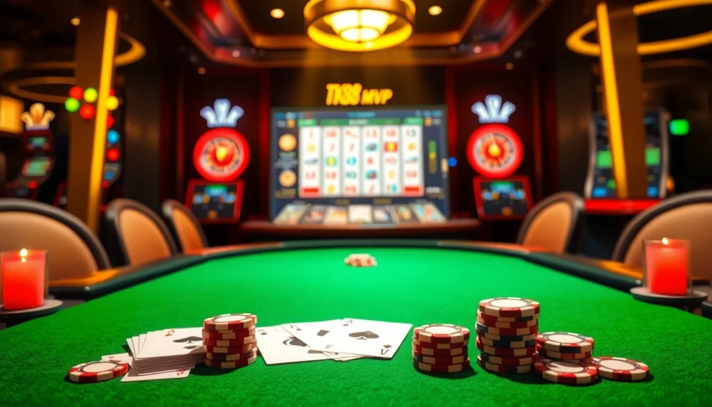 Engage in thrilling gameplay at Tk88 MVP, featuring a luxurious casino atmosphere with poker chips and cards.