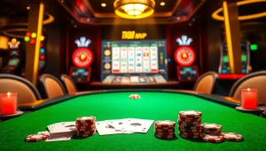 Engage in thrilling gameplay at Tk88 MVP, featuring a luxurious casino atmosphere with poker chips and cards.