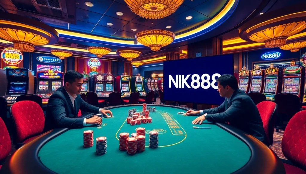 Experience the thrill of poker at NK88 casino, featuring vibrant tables and colorful chips.