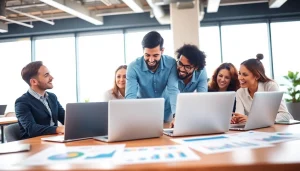 Menggambarkan tim saat daftar ramtoto di kantor modern, kolaborasi yang dinamis.