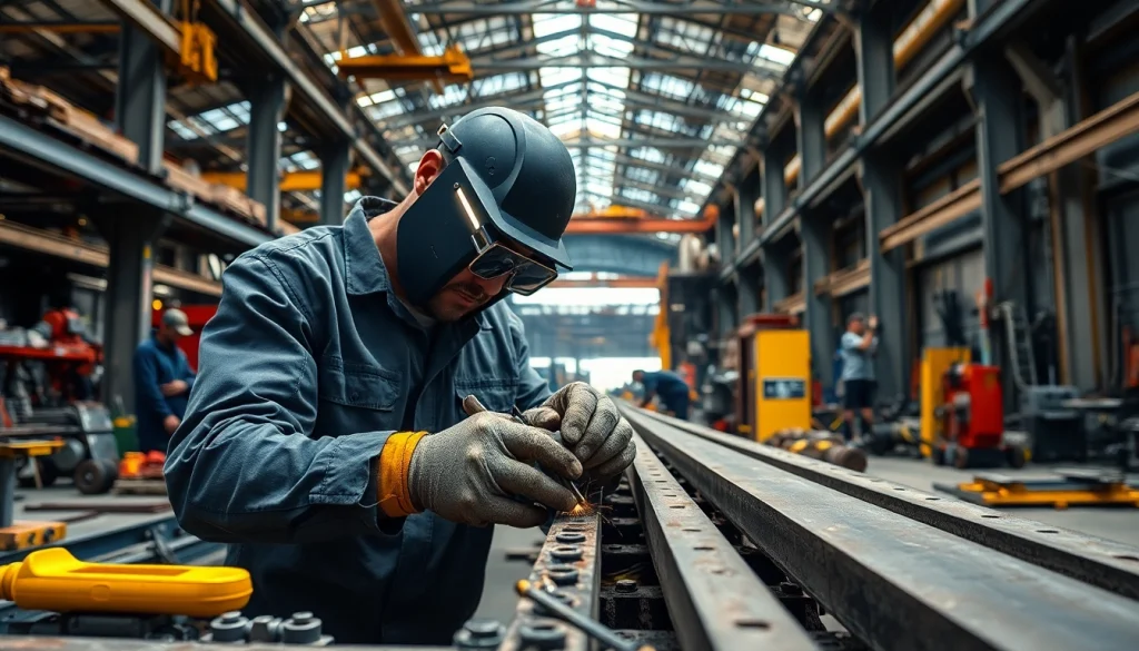Steel fabricators near me crafting sturdy beams in a vibrant workshop environment.
