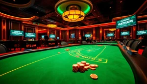 Engaging scene of players at a luxurious poker table with hidden wiki onion links highlighted on screens.