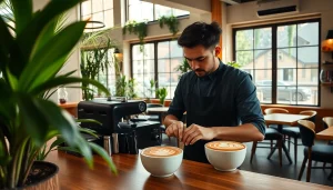 Café à Madrid avec un barista créant une latte art magnifique, ambiance chaleureuse.