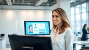 AI Receptionist engaging customers in a professional office space with advanced technology.