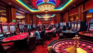 Intense gameplay at a luxurious casino showcases luck8 trang chủ with vibrant slot machines and poker tables.