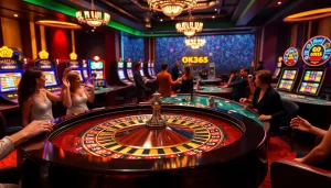 Experience excitement at OK365 with players at a roulette table in a luxurious casino setting.