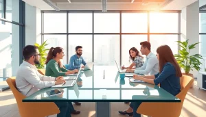 Engage with business growth insights through a diverse team collaborating in a modern office.