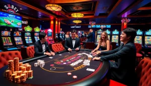 SHBET players enjoying a thrilling game at a professional blackjack table in a vibrant casino setting.