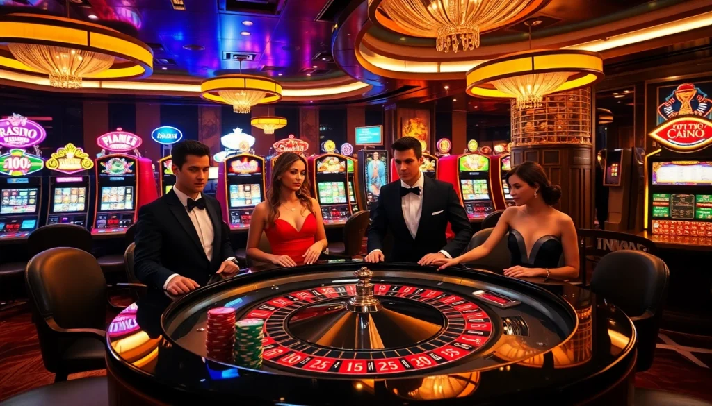 Players enjoying a thrilling game at an RR88 casino table surrounded by colorful slot machines.