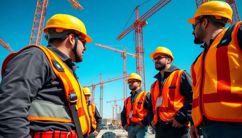 Prioritizing construction site safety with workers in gear at a vibrant site.