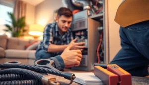 Technician performing furnace repair armonk service in a cozy living room setting.