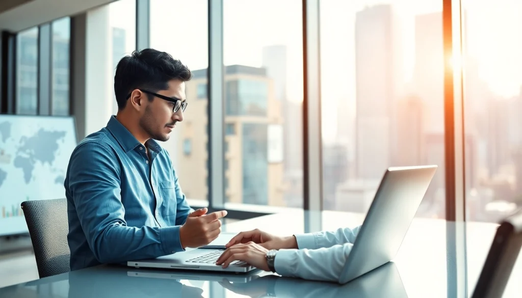 Analyze rates on https://m.check-rates.com with a professional in a modern office.