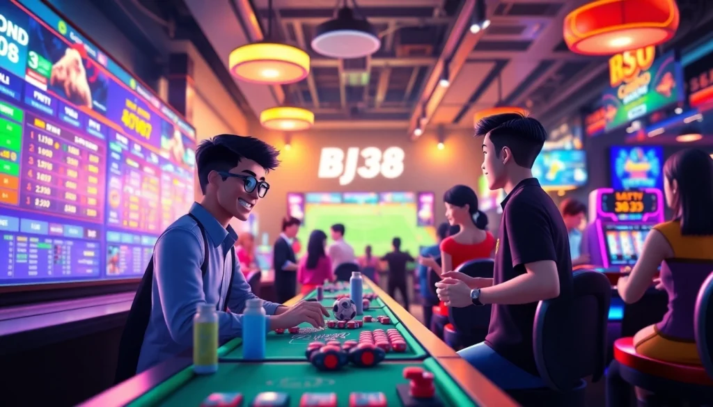 Engaging scene of users on the BJ38 betting platform enjoying online cockfighting and casino games.