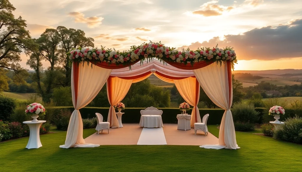 Beautifully arranged Weddings Venue surrounded by lush gardens at sunset