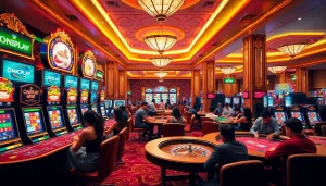 Players enjoying games at a vibrant casino with ONICPLAY branding in a luxurious setting.