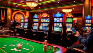 Players enjoying slot depo 5k at a glamorous casino with vibrant slot machines.