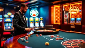 Experience the luxury of Haywin gaming with vibrant poker chips and a roulette wheel.