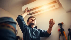 AC installation Poughquag expert adjusting an indoor cooling unit for optimal performance.